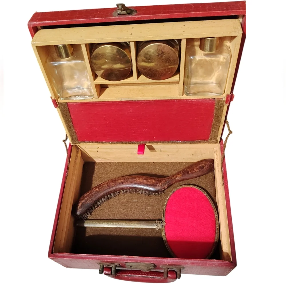 Vintage Early 1900s Red Vanity / Toiletry Case with Mirror, Containers, & Brush
